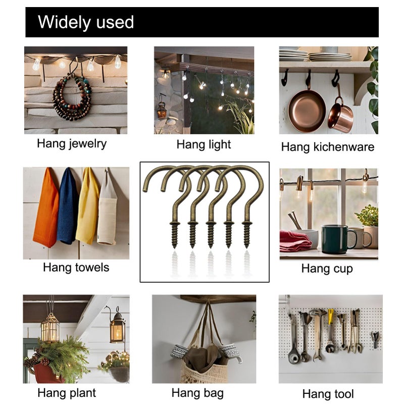 IDEALSV 2" Cup Screw Hooks Bronze Ceiling Hooks Mug Hook 20 Pcs Antique Brass Screw-in Hooks,Christmas Lights and Curtain Hanging,Kitchen,Plants Hanger Outdoor/Indoor - Image 3